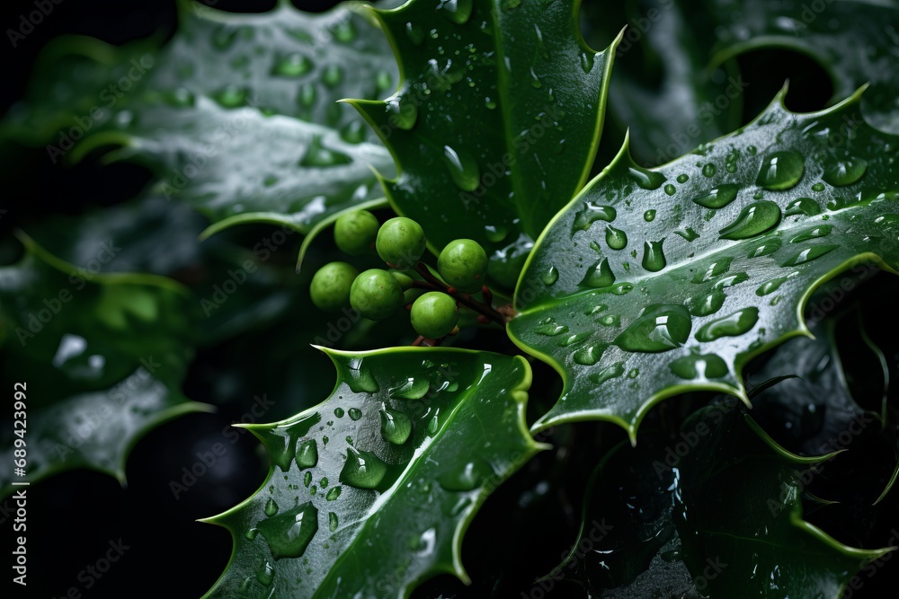 Dew on holly leaves, capturing the essence of fresh rain in nature.