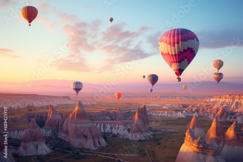 Hot air balloons soaring at dawn over a rugged landscape, a breathtaking scene of adventure.