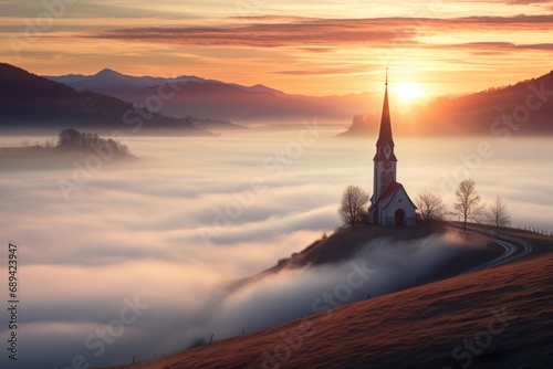 Mystical church in morning fog, evoking a sense of solitude and reflection.