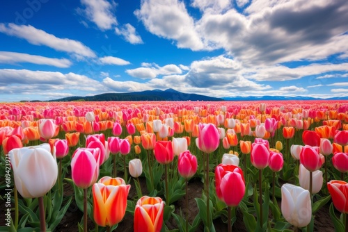 Vibrant tulip field under blue sky, a colorful display of springtime beauty.