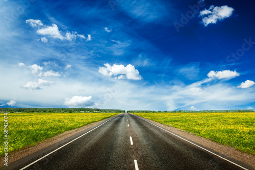 Travel concept background - an empty road with a blue sky and blooming green spring fields on either side
