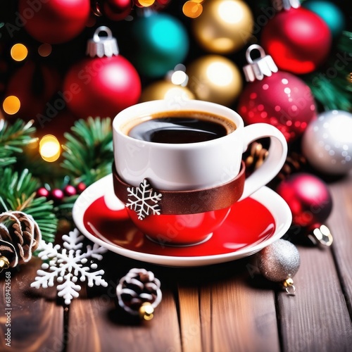 Coffee cup with Christmas ornaments and decoration on table with kitchen blurred background