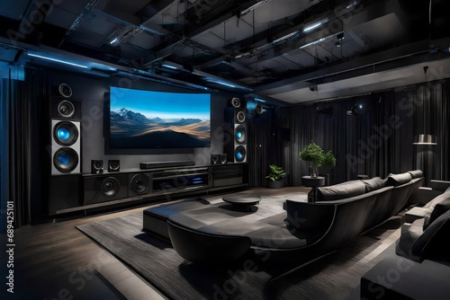  A high-tech entertainment setup with a massive curved TV and immersive sound system