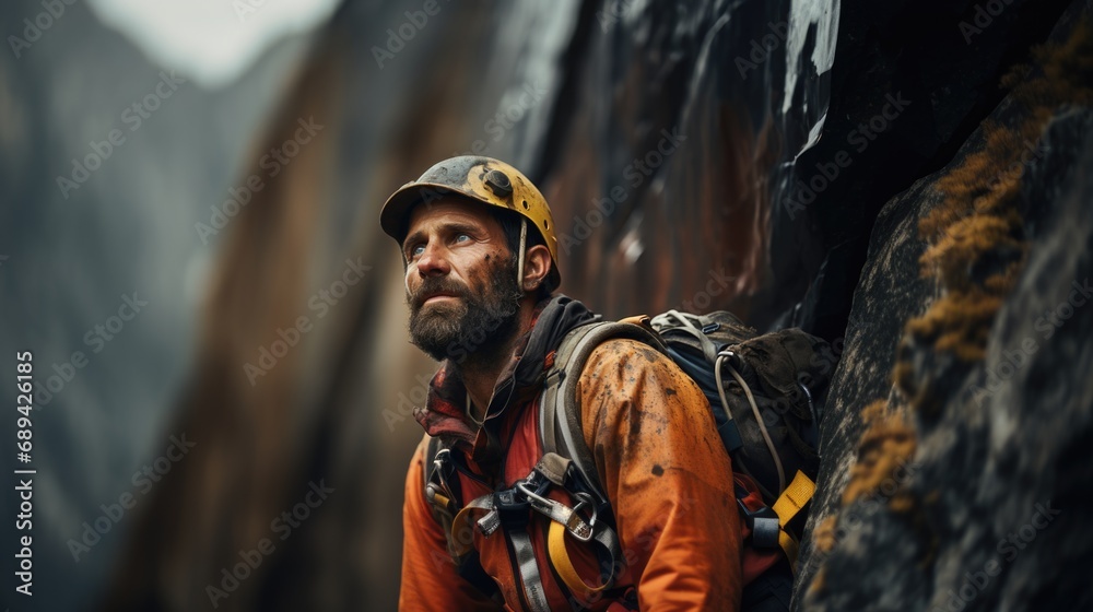 Industrial professional mountaineer on city building wall Industrial professional mountaineer on city building wall