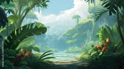 Tropical Oasis. Desktop wallpaper background illustration featuring an oasis-inspired tropical leaf  refreshing 