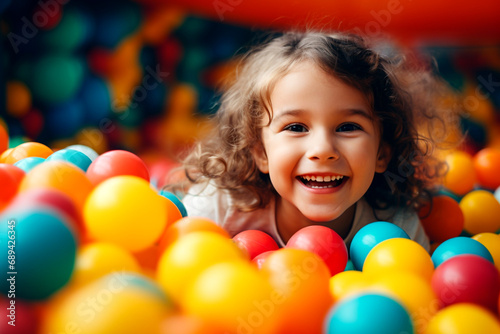 Happy little girl having fun in ball pit in kids indoor play center, Child playing with colorful balls in playground ball pool. Children's day concept. Generative AI