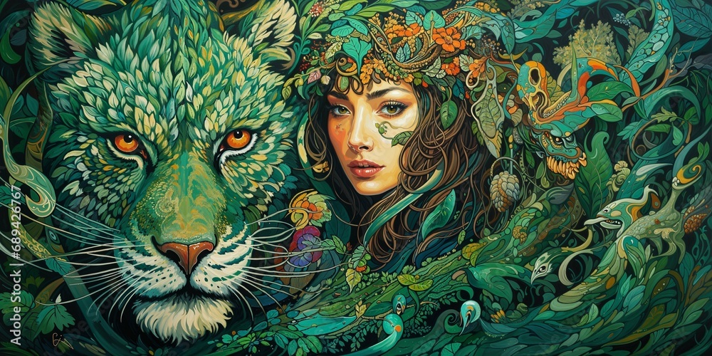 Fantasy Artwork of Woman with Nature-Inspired Elements and Majestic Feline

