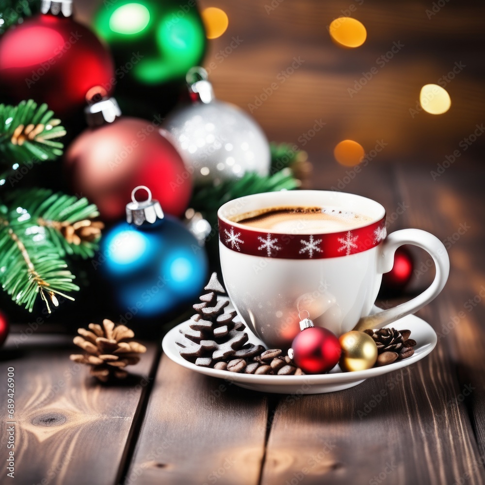 Coffee cup with Christmas ornaments and decoration on table with kitchen blurred background