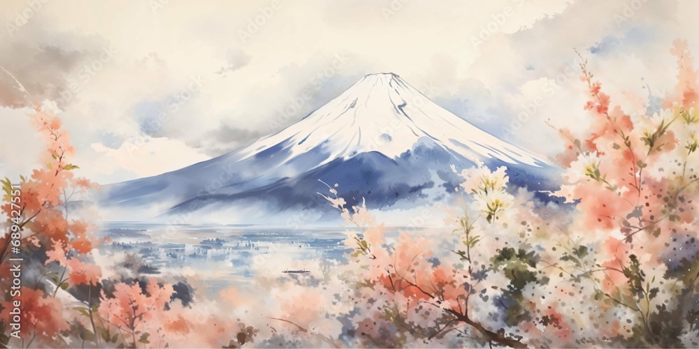 Spring Bloom at Mountain Base, Pastel Watercolor Landscape

