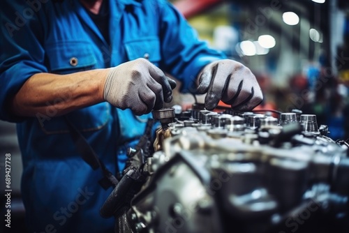 Automotive mechanic repairmen checking the system working engine of the engine room, check the mileage of the car, oil change, auto maintenance service concept photo