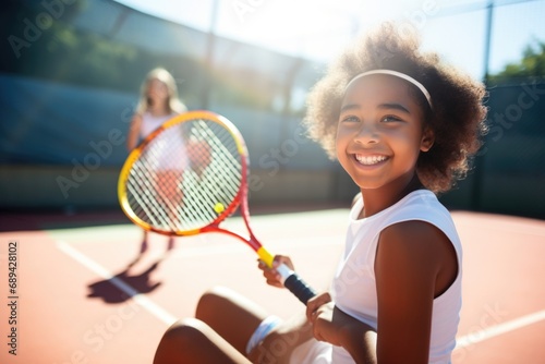 Children friends on tennis court play © kozirsky