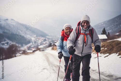 Happy smile elderly african american couple of hikers traveling on the snow highlands landscape around