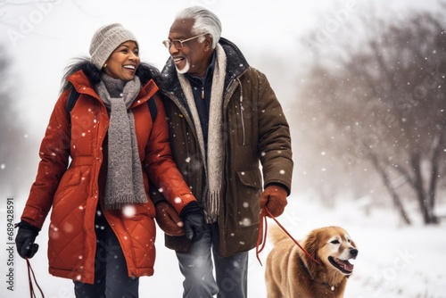 African american Senior merried couple in warm winter coats and hats walking a dog on a leash. Cozy winter scene photo