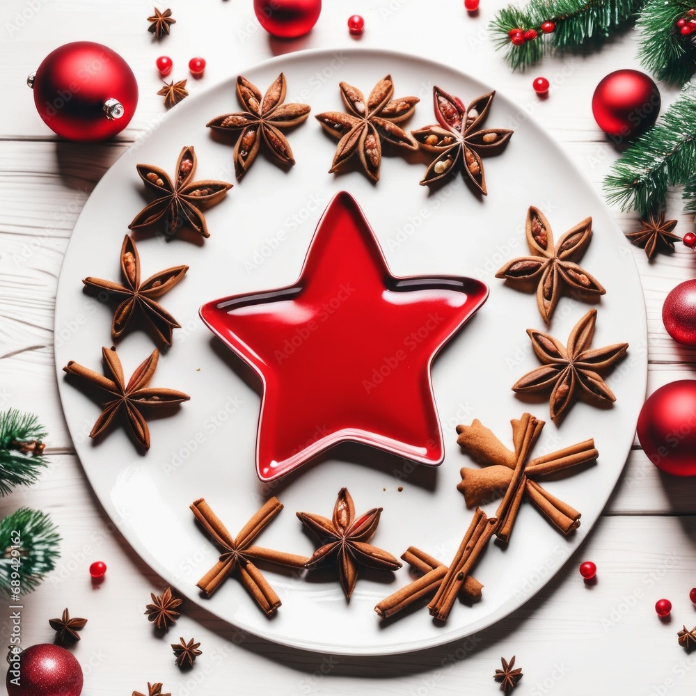Christmas cookies in the shape of a star on a plate. Spices and walnuts are on the table.
