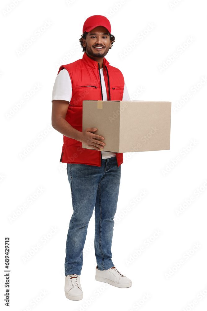 Happy courier with parcel on white background Happy courier with parcel on white background