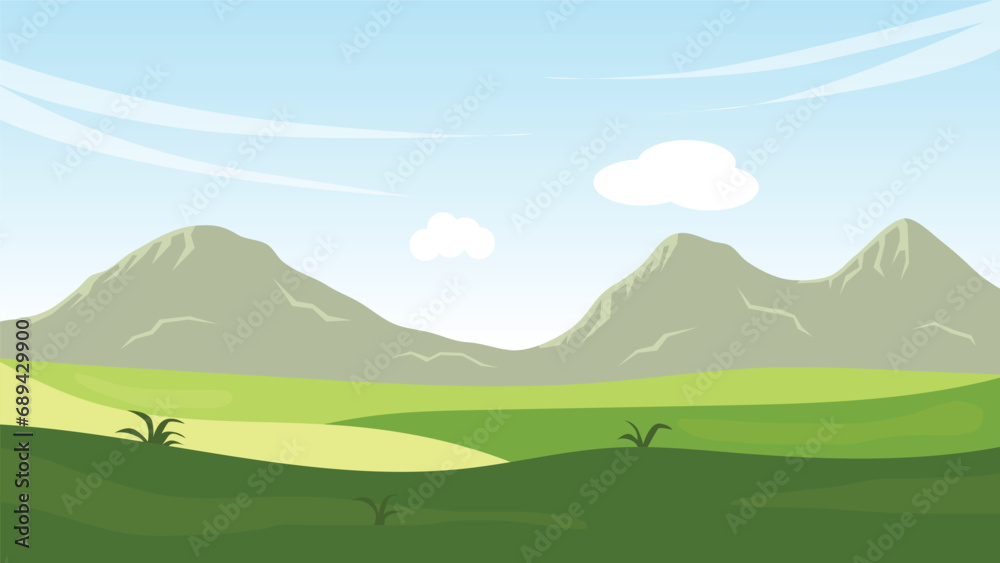 landscape cartoon scene with green field and white cloud in summer blue sky background landscape cartoon scene with green field and white cloud in summer blue sky background