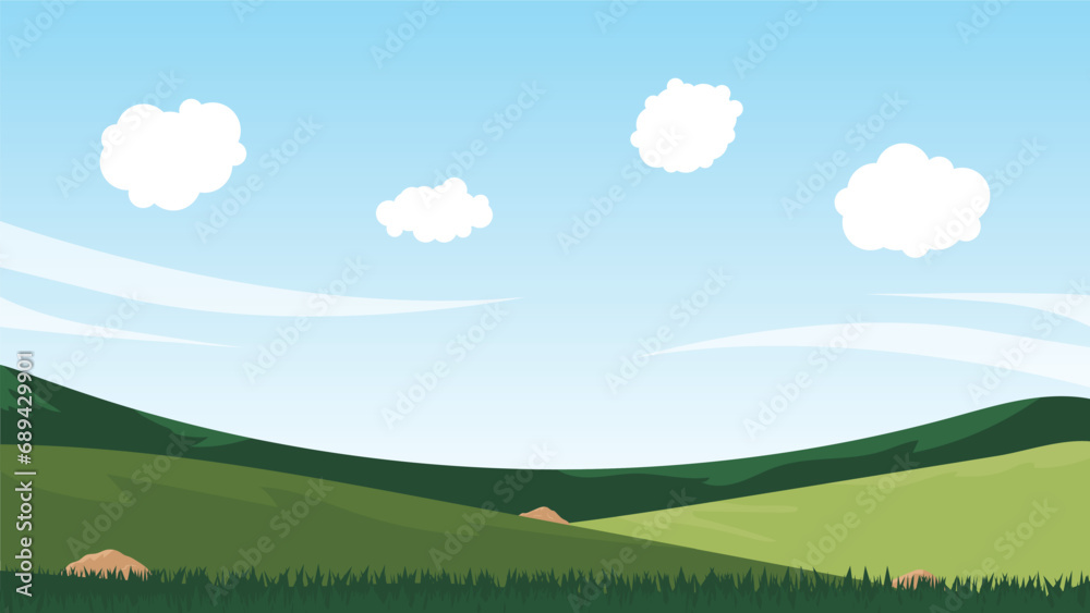 landscape cartoon scene with green field and white cloud in summer blue sky background