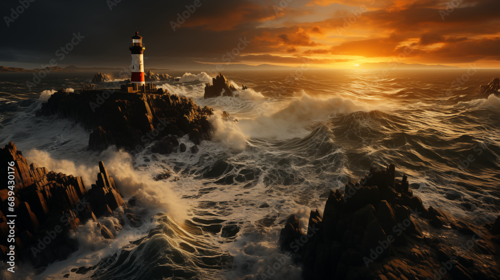 Majestic Lighthouse Overlooking Stormy Seas at Sunset