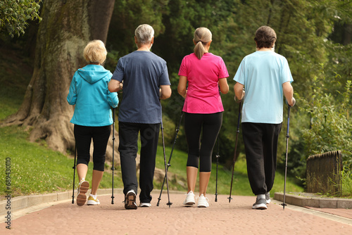 Group of senior people performing Nordic walking outdoors, back view © New Africa