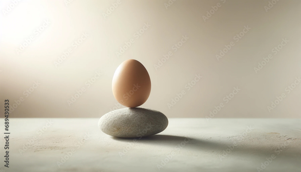 Fototapeta premium Egg Balanced on Stone in Zen-Like Setting, Easter concept, serenity