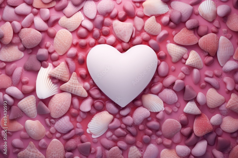 Obraz premium Heart shape composition of seashells on sand, flat lay. Generative AI