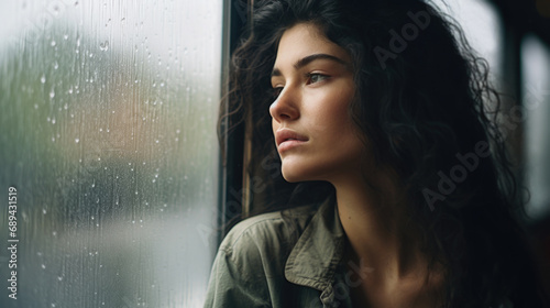 Portrait of an introspective or lonely woman on a train or bus looking out a window on a rainy day.