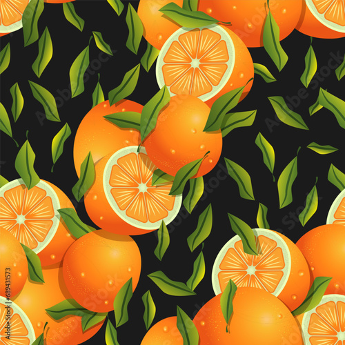 Orange fruits full and halved harvest with falling leaves pattern. Vector seamless pattern design for textile, fashion, paper, packaging and branding. 