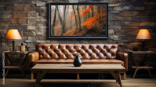 Sofa - living room - rustic log cabin - artwork - stylish - decor snd design - living room 