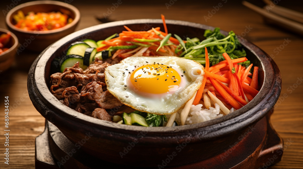 Korean food dish, Korean bibimbap, with rice, assorted vegetables, meat and egg, served in a hot stone bowl on a small dark board. The rustic background