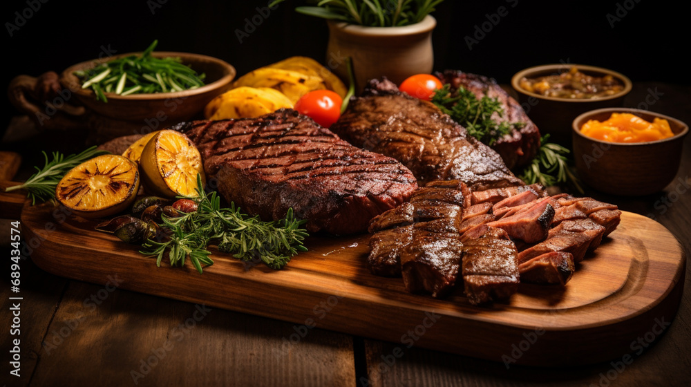 selection of meats roasted on a charcoal grill. Presentation on a wooden board with sauces and garnishes. rustic style background selection of meats roasted on a charcoal grill. Presentation on a wooden board with sauces and garnishes. rustic style background