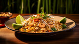 Pad Thai dish, with noodles, shrimp, peanuts, lime and bean sprouts. Served on a ceramic plate, bamboos can be seen in the background.