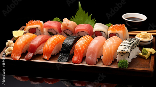 nigiri sushi and sashimi, artistically depicted on a wooden tray on a dark table with chopsticks and sauce in the background