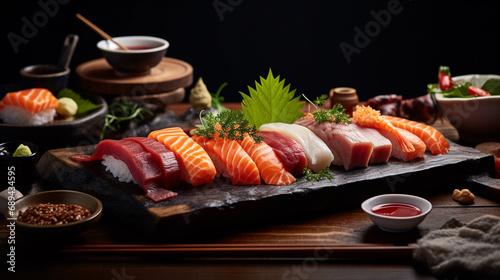 Nigiri sushi and sashimi, artistically presented on an elegantly arranged dark tray.