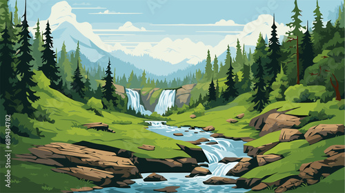 Mountain landscape with waterfall. Vector illustration in flat cartoon style.