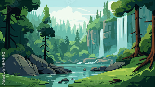 Mountain landscape with waterfall. Vector illustration in flat cartoon style.