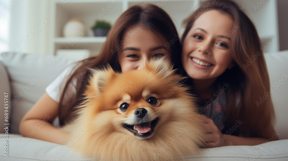 Mother and daughter hugging a Pomeranian dog in the living room