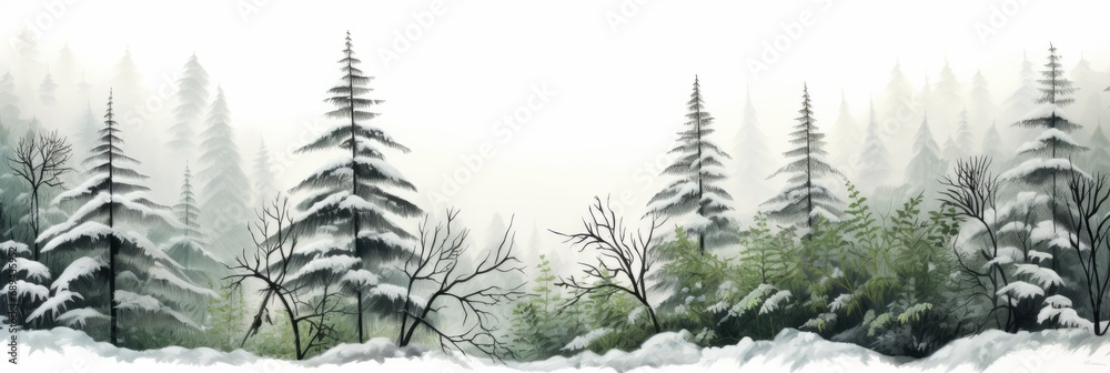 A Serene Winter's Embrace: Simplistic White and Green Ferns Blanketed in Snow, Captured in a Panoramic Illustration