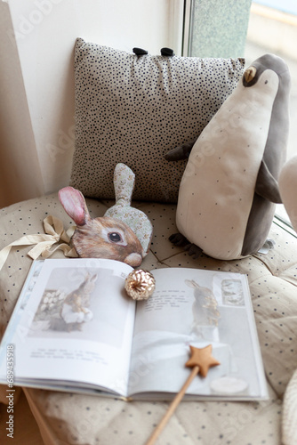 New Year's, children's interior with toys and books photo