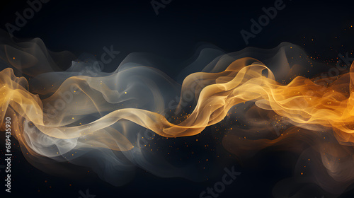 abstract panoramic smoke background with golden particles, generative ai