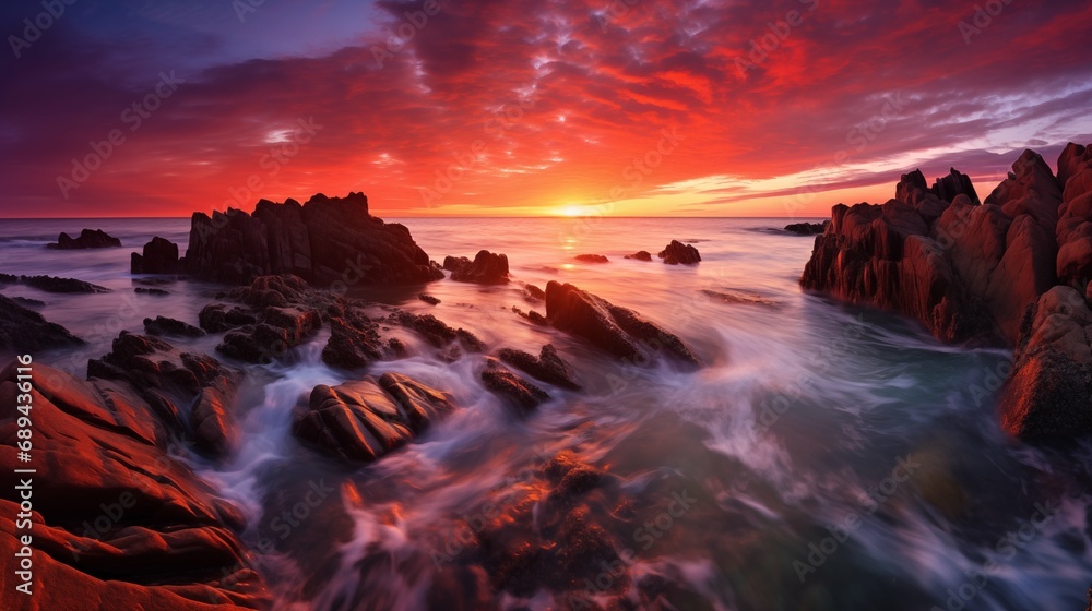 
A breathtaking coastal sunset, vibrant hues of pink, orange, and purple painting the sky, silhouettes of jagged rocks rising from the sea