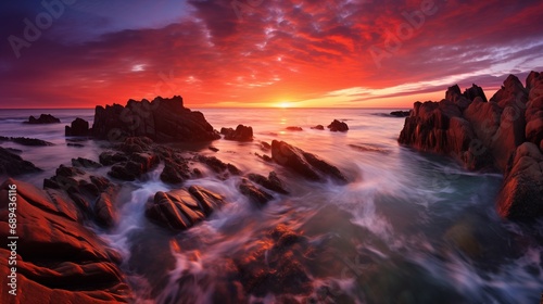  A breathtaking coastal sunset, vibrant hues of pink, orange, and purple painting the sky, silhouettes of jagged rocks rising from the sea © Sajib