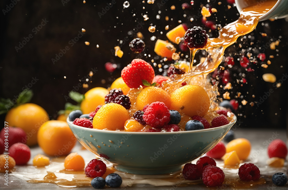 Freeze frame a burst of flavor! Juicy fruits explode from a bowl, cascading down in a vibrant, high-speed symphony. Immerse yourself in this delicious, dynamic display, National Fruit Compote day Freeze frame a burst of flavor! Juicy fruits explode from a bowl, cascading down in a vibrant, high-speed symphony. Immerse yourself in this delicious, dynamic display, National Fruit Compote day