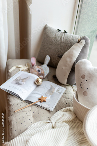 New Year's, children's interior with toys and books photo