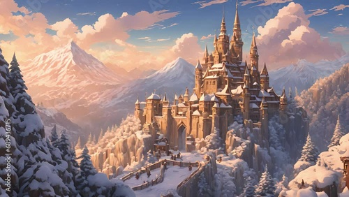 remote clearing base snowy mountain reveals intricate tower, camouflaged illusion spells. pointed spires elegant archways give illusion grand castle, only those with 2d animation photo