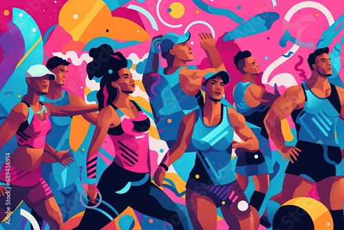 Colorful Gym Vibes Illustration - Group Working Out in High Contrast