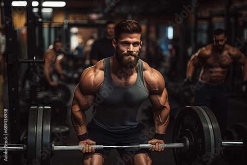 
Muscular Beard Man Lifting Barbell in Dramatic Gym Lighting