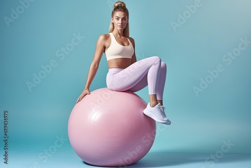 Beautiful Fit Woman on Pink Exercise Ball in Gym Studio, Pastel Colors, Blue Background © João Queirós