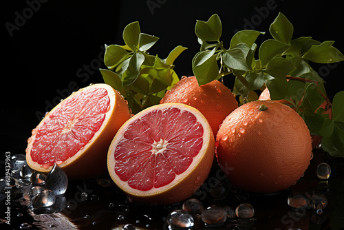 Fresh juicy grapefruit halves in a splash of water. Generative AI.