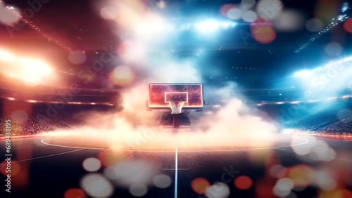 Basketball Stadium brightly lit with bokeh lights and smoke. Basketball sports product advertising virtual animated loop background photo