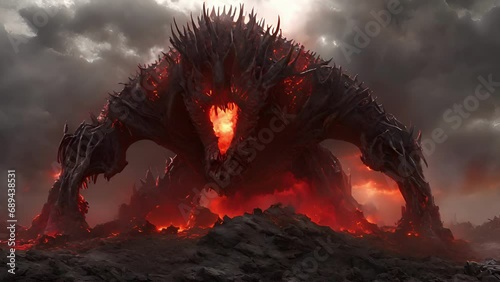 entrance Giants Forge resembles gaping giant beast, metal teeth glinting glow burning coals within. 2d animation photo